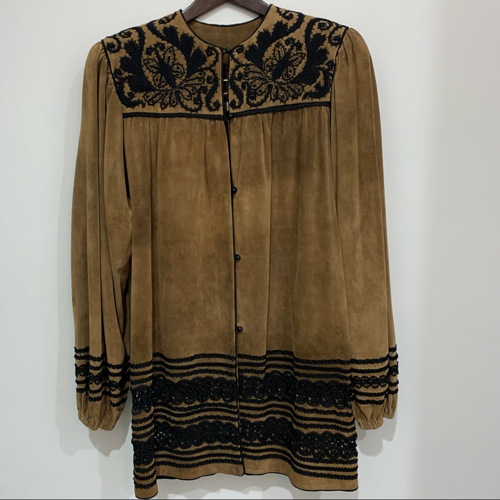 Caché Boutique Collector’s Item Suede and Satouche Embroidered Smock Coat